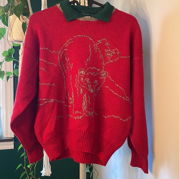 Vintage knit sweater with collar. Red & Green. Size S - Picture 2 of 5